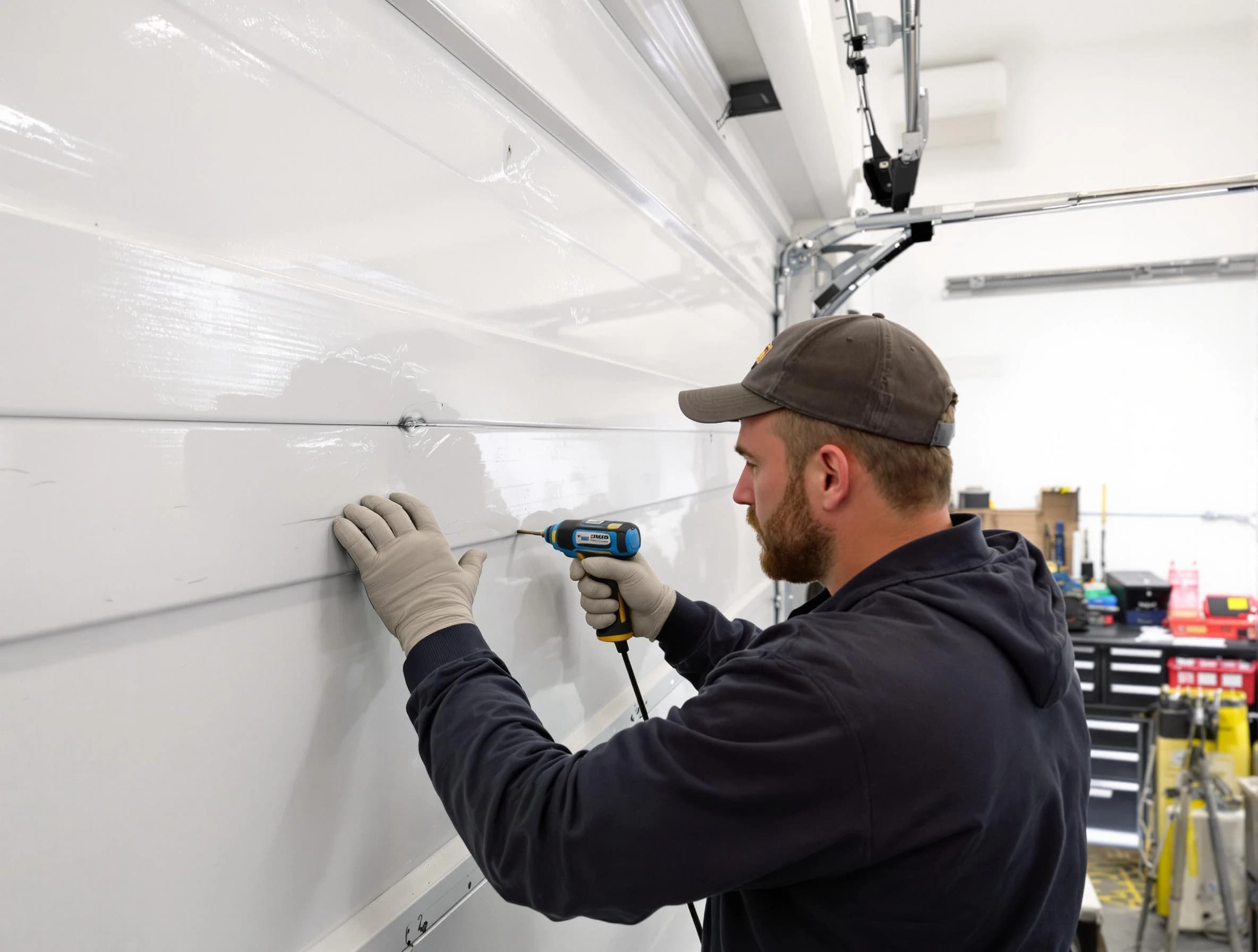 Salem Garage Door Repair technician demonstrating precision dent removal techniques on a Salem garage door