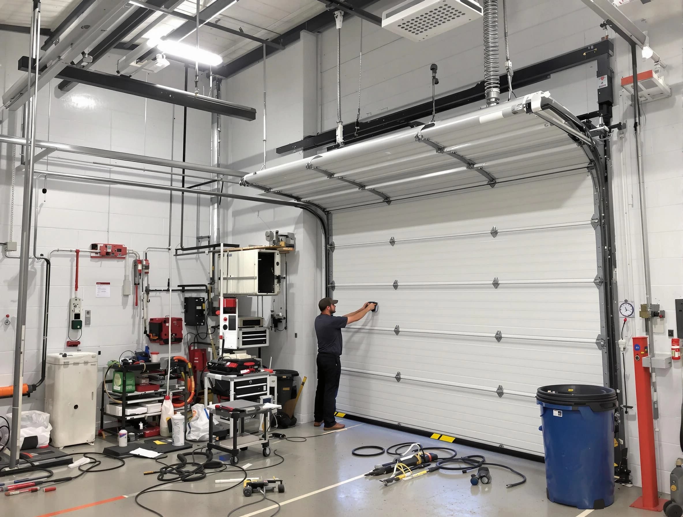 Salem Garage Door Repair certified technician performing commercial door repair at a Salem business facility