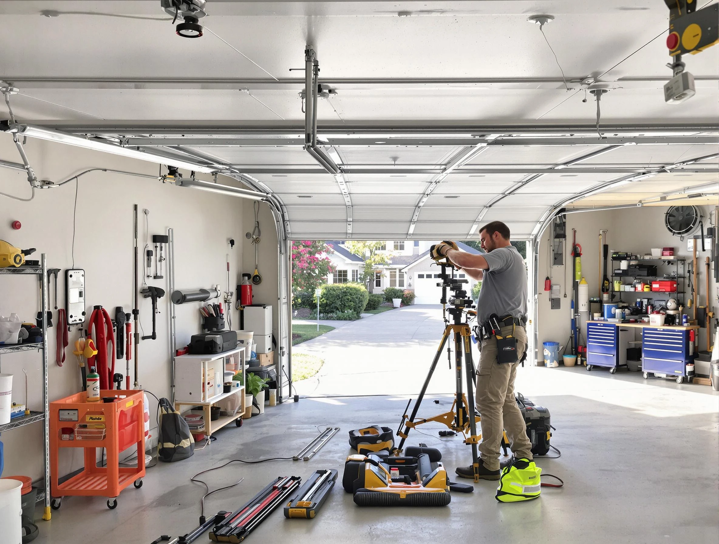 Salem Garage Door Repair specialist performing laser-guided track alignment in Salem